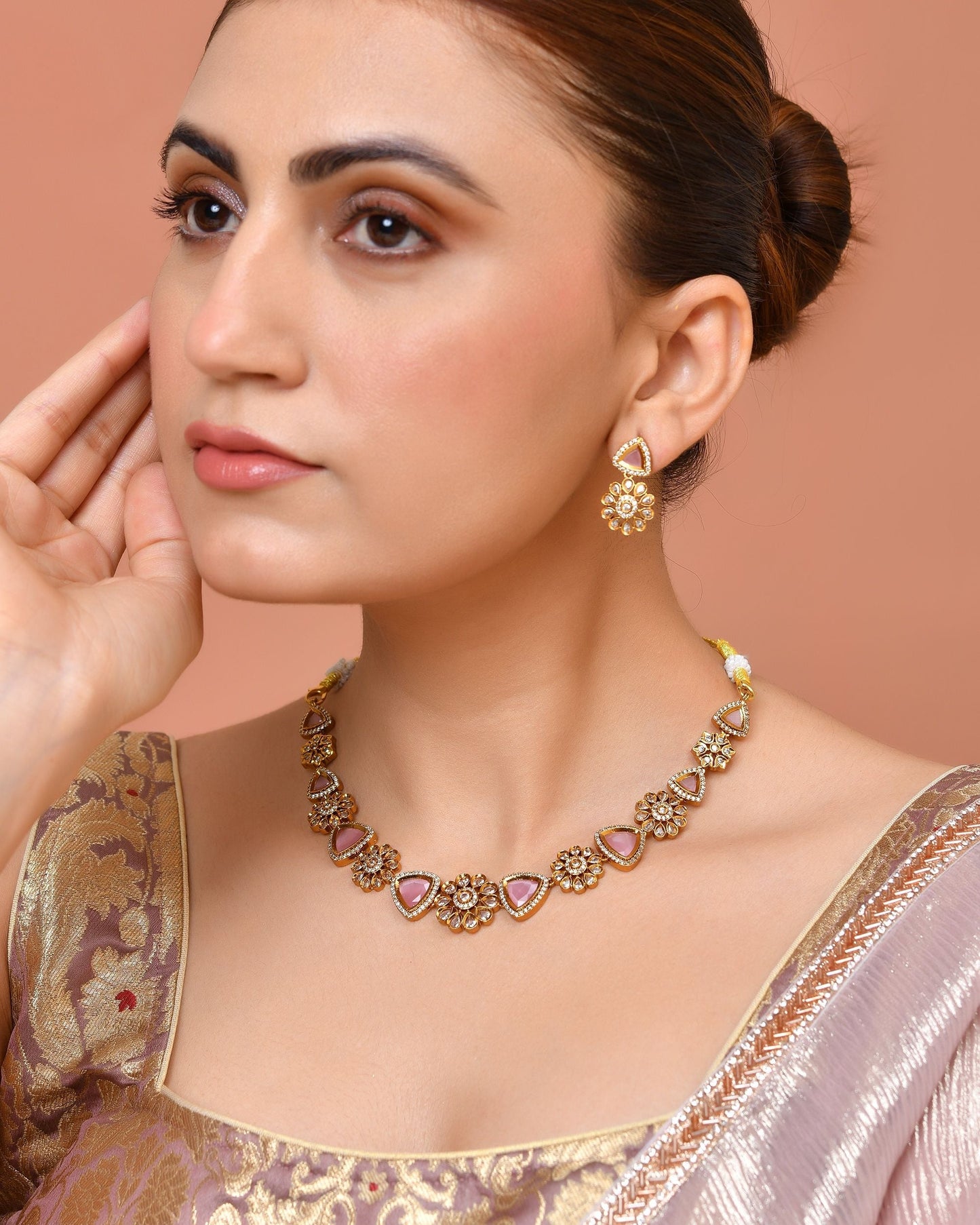 VOJ Gold Tone Floral With Pink Stone Ad Necklace Set