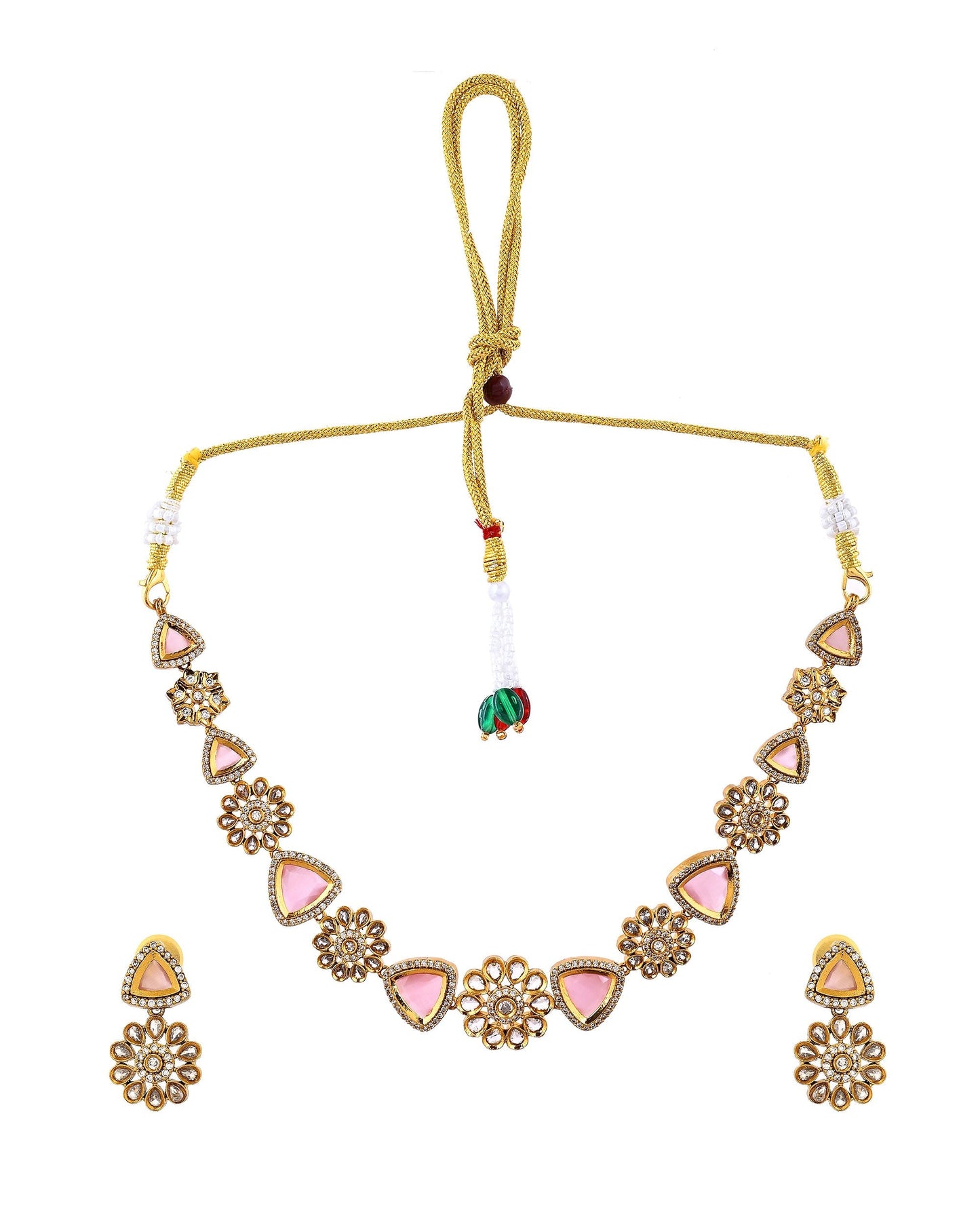 VOJ Gold Tone Floral With Pink Stone Ad Necklace Set