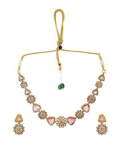 VOJ Gold Tone Floral With Pink Stone Ad Necklace Set