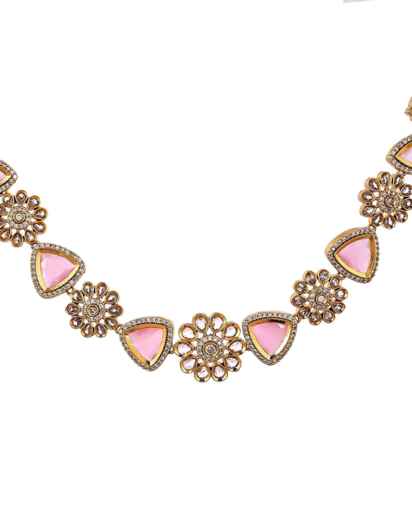 VOJ Gold Tone Floral With Pink Stone Ad Necklace Set