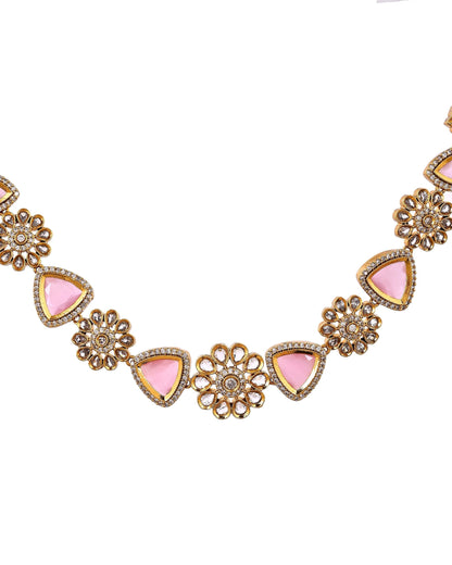 VOJ Gold Tone Floral With Pink Stone Ad Necklace Set