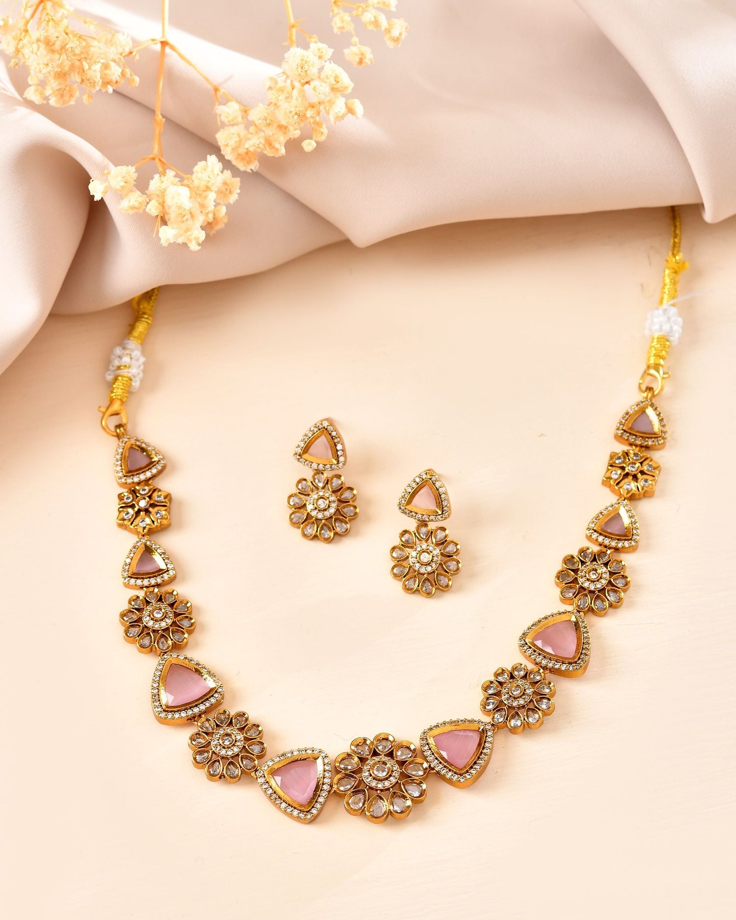 VOJ Gold Tone Floral With Pink Stone Ad Necklace Set