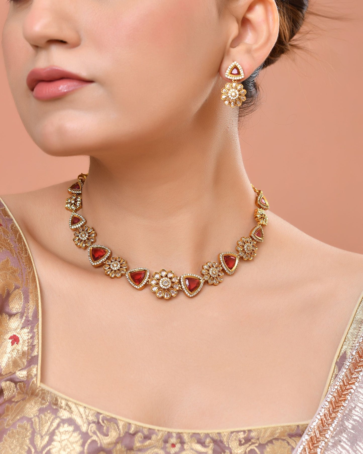 VOJ Gold Tone Floral With Ruby Red Stone Ad Necklace Set