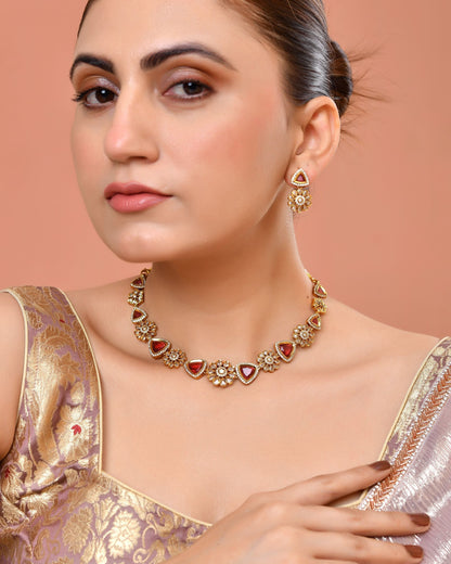 VOJ Gold Tone Floral With Ruby Red Stone Ad Necklace Set