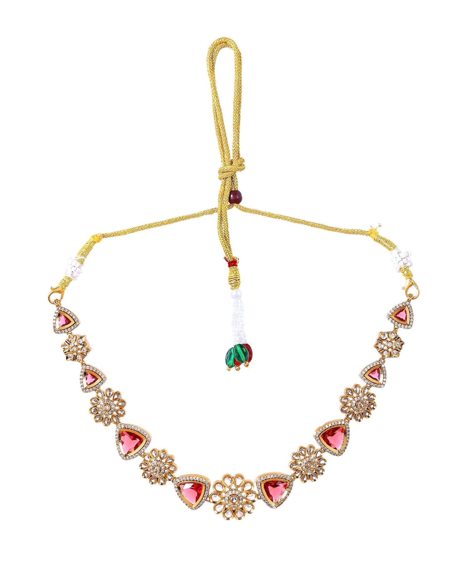 VOJ Gold Tone Floral With Ruby Red Stone Ad Necklace Set