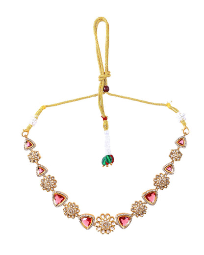 VOJ Gold Tone Floral With Ruby Red Stone Ad Necklace Set