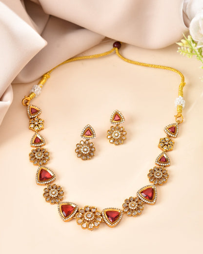 VOJ Gold Tone Floral With Ruby Red Stone Ad Necklace Set