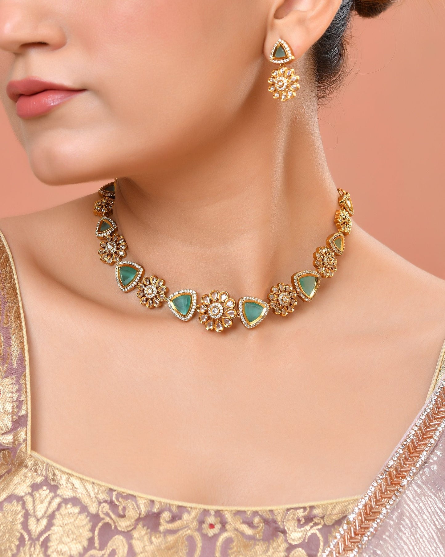 VOJ Gold Tone Floral With Teal Green Stone Ad Necklace Set