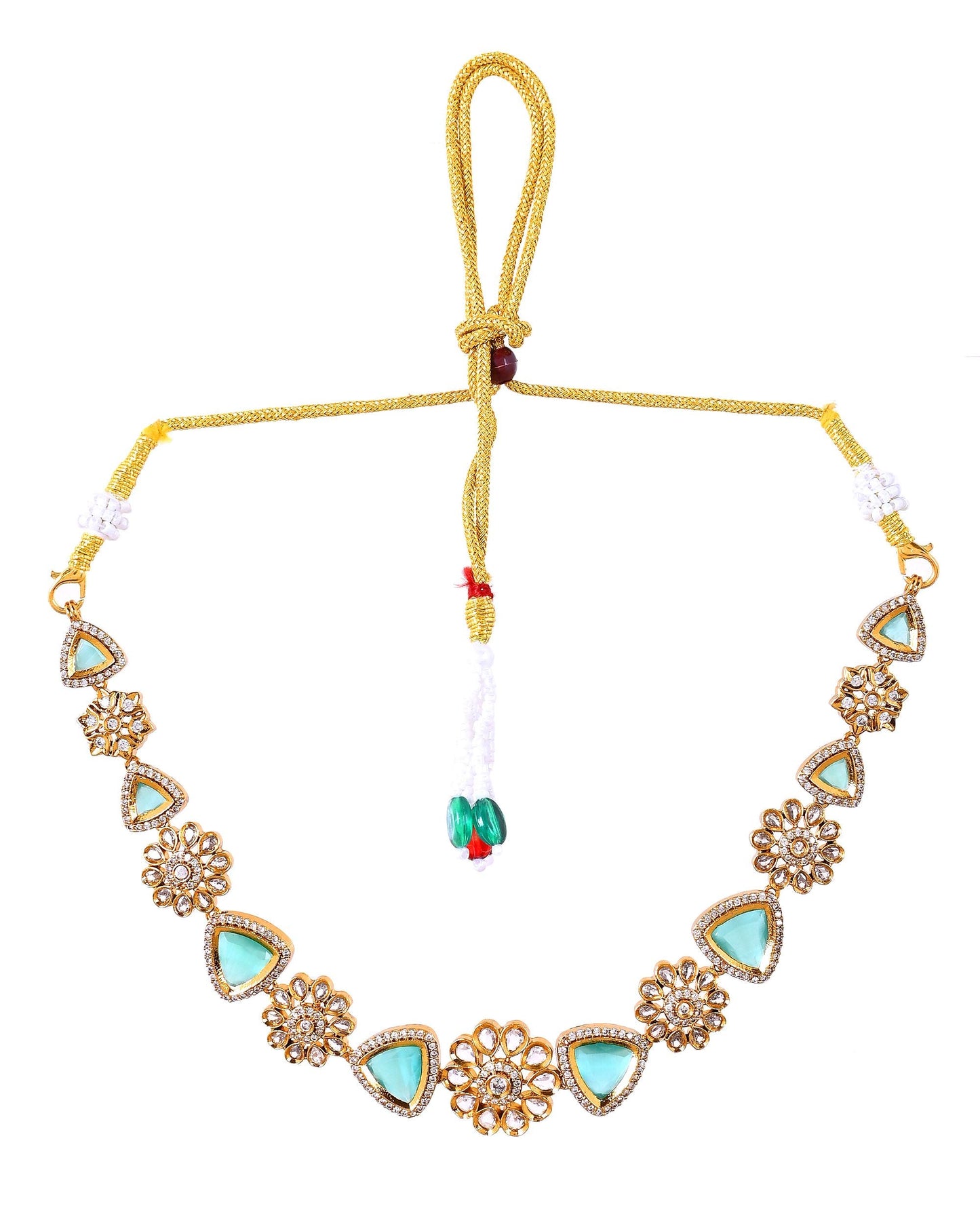 VOJ Gold Tone Floral With Teal Green Stone Ad Necklace Set