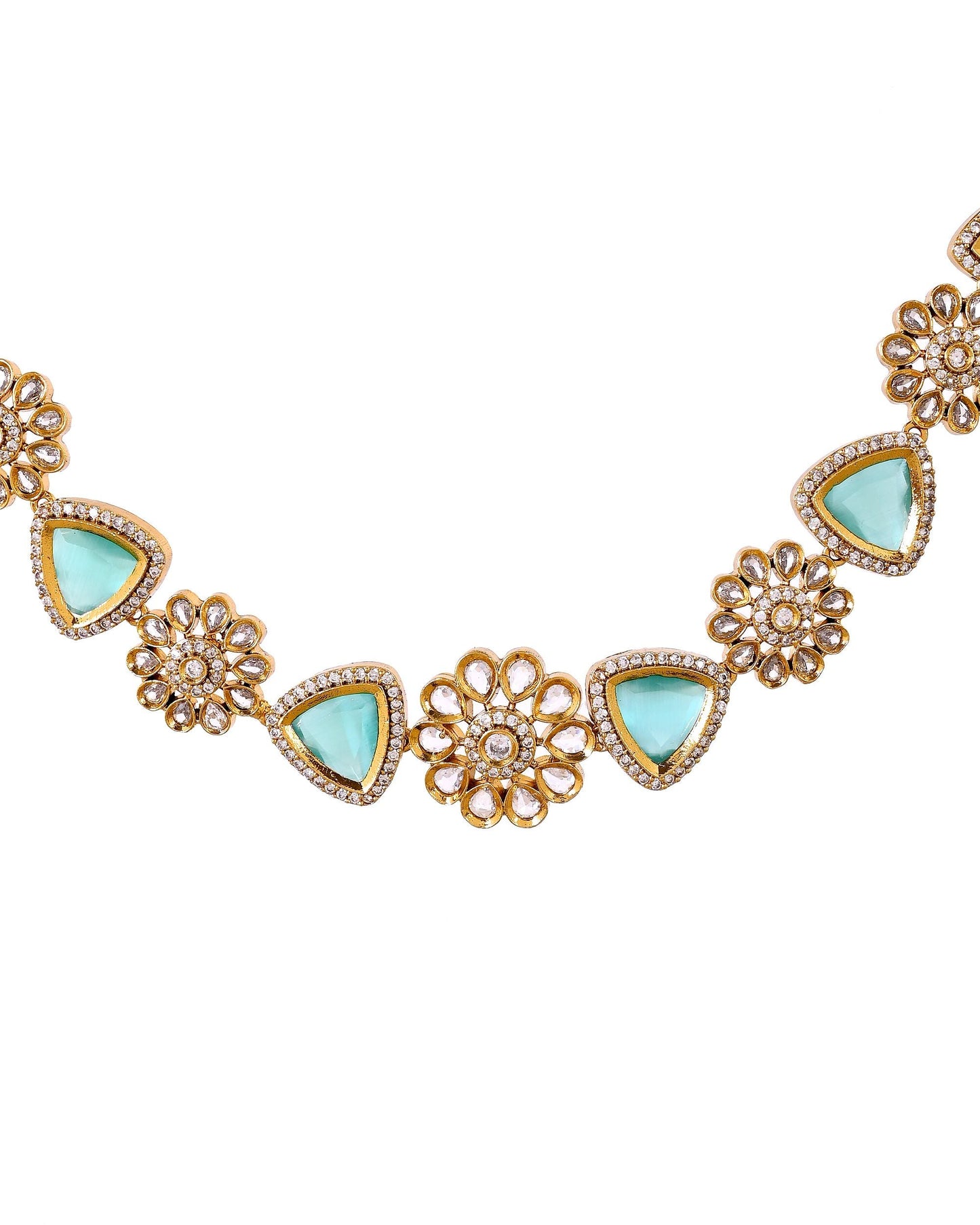 VOJ Gold Tone Floral With Teal Green Stone Ad Necklace Set