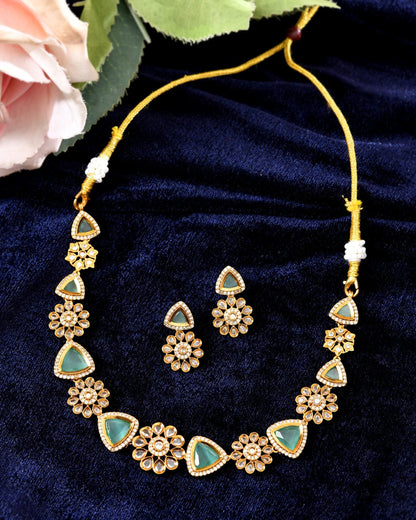 VOJ Gold Tone Floral With Teal Green Stone Ad Necklace Set