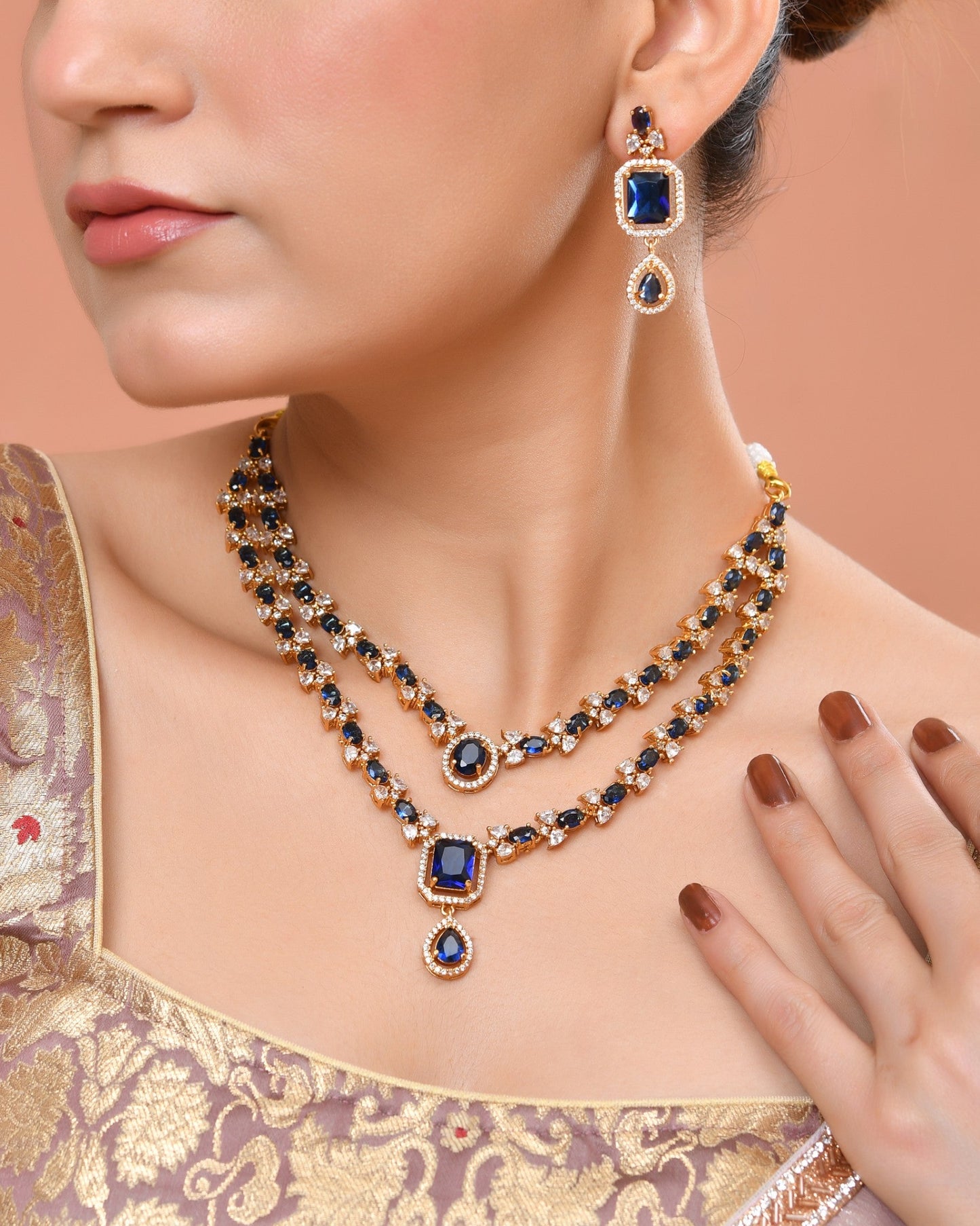 VOJ Gold Plated Dual Layer Blue Stone Studded Jewellery Set