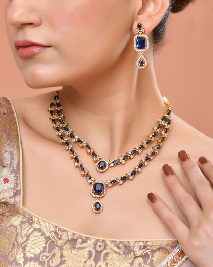 VOJ Gold Plated Dual Layer Blue Stone Studded Jewellery Set