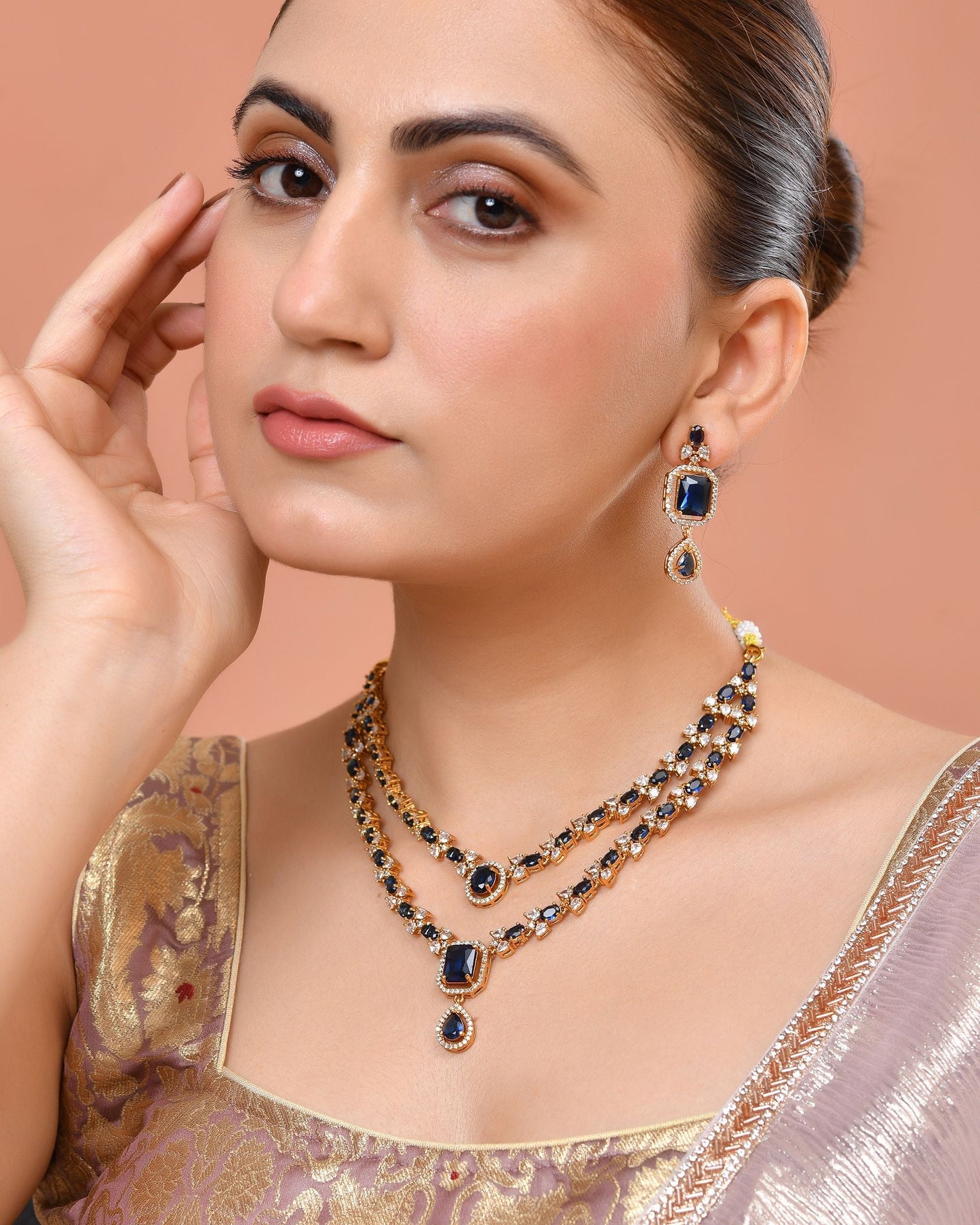 VOJ Gold Plated Dual Layer Blue Stone Studded Jewellery Set