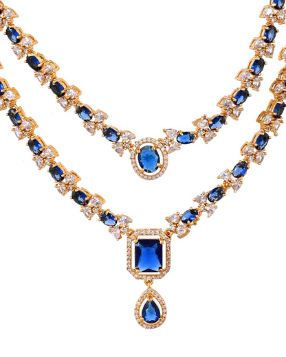 VOJ Gold Plated Dual Layer Blue Stone Studded Jewellery Set