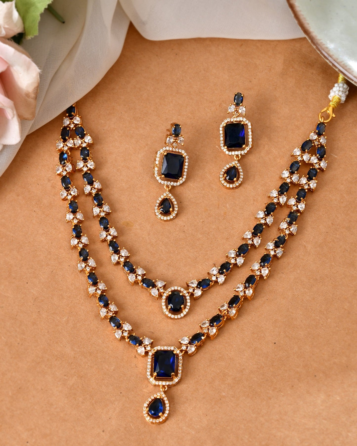 VOJ Gold Plated Dual Layer Blue Stone Studded Jewellery Set