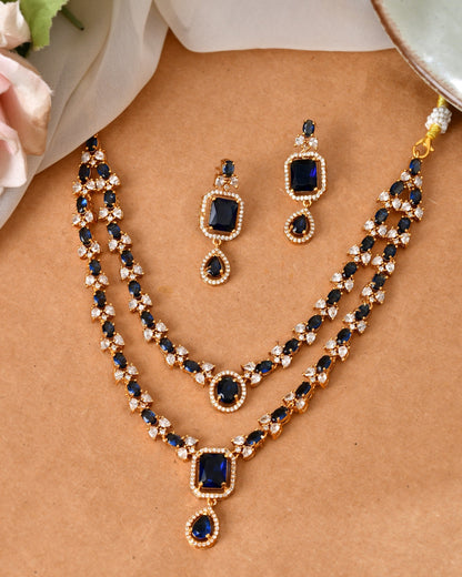 VOJ Gold Plated Dual Layer Blue Stone Studded Jewellery Set