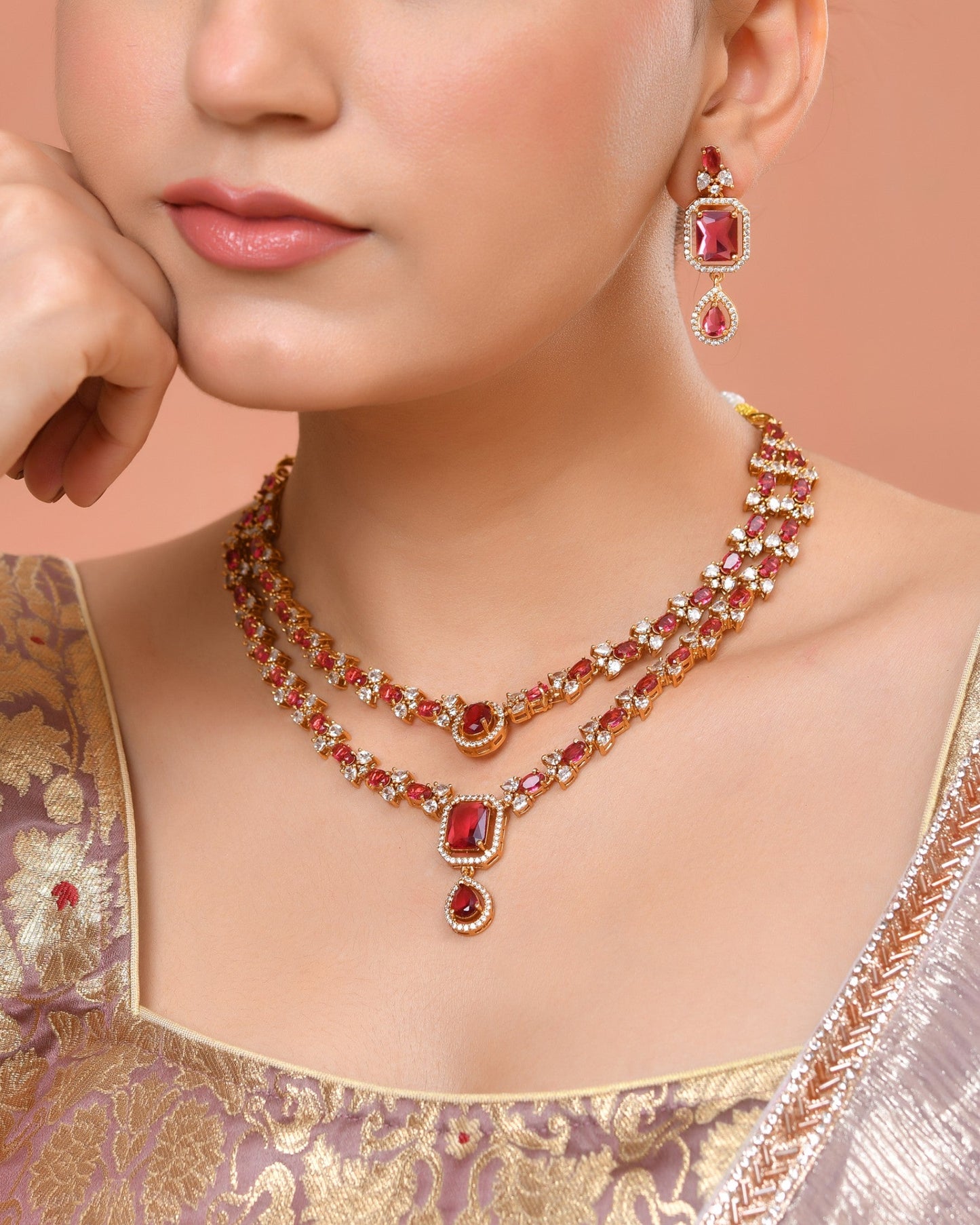 VOJ Gold Plated Dual Layer Ruby Red Stone Studded Jewellery Set