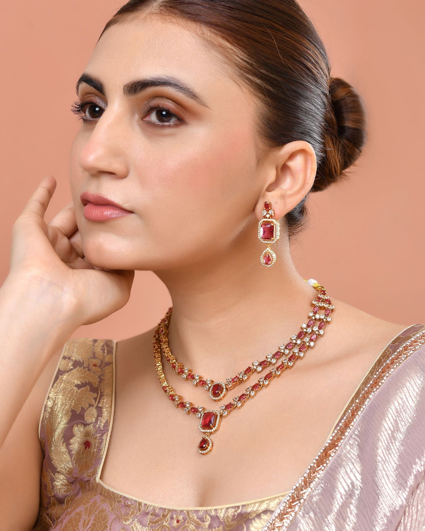 VOJ Gold Plated Dual Layer Ruby Red Stone Studded Jewellery Set