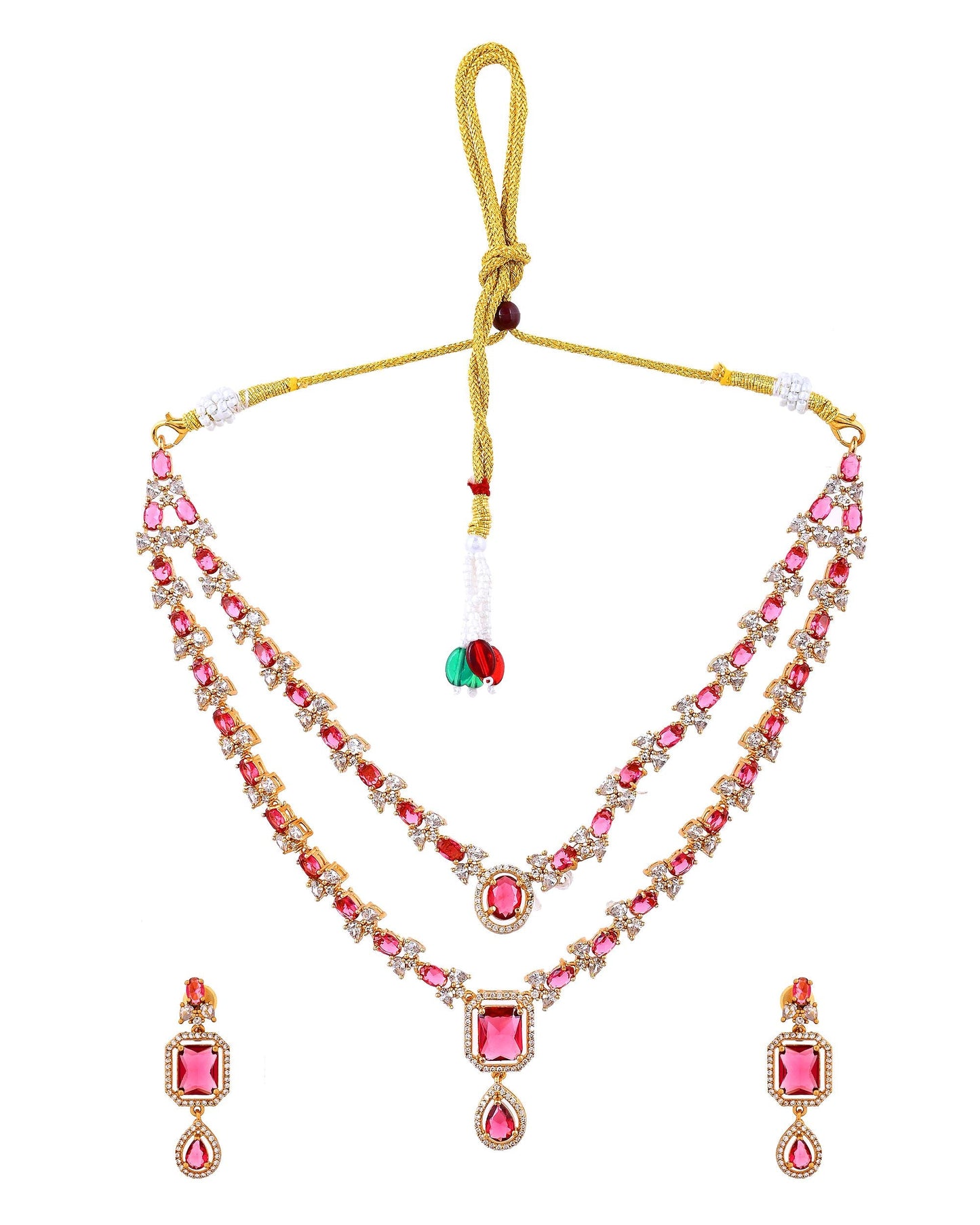 VOJ Gold Plated Dual Layer Ruby Red Stone Studded Jewellery Set