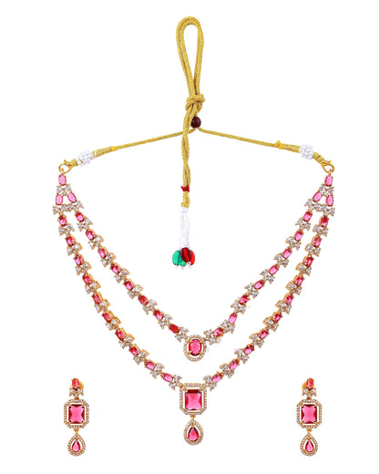 VOJ Gold Plated Dual Layer Ruby Red Stone Studded Jewellery Set