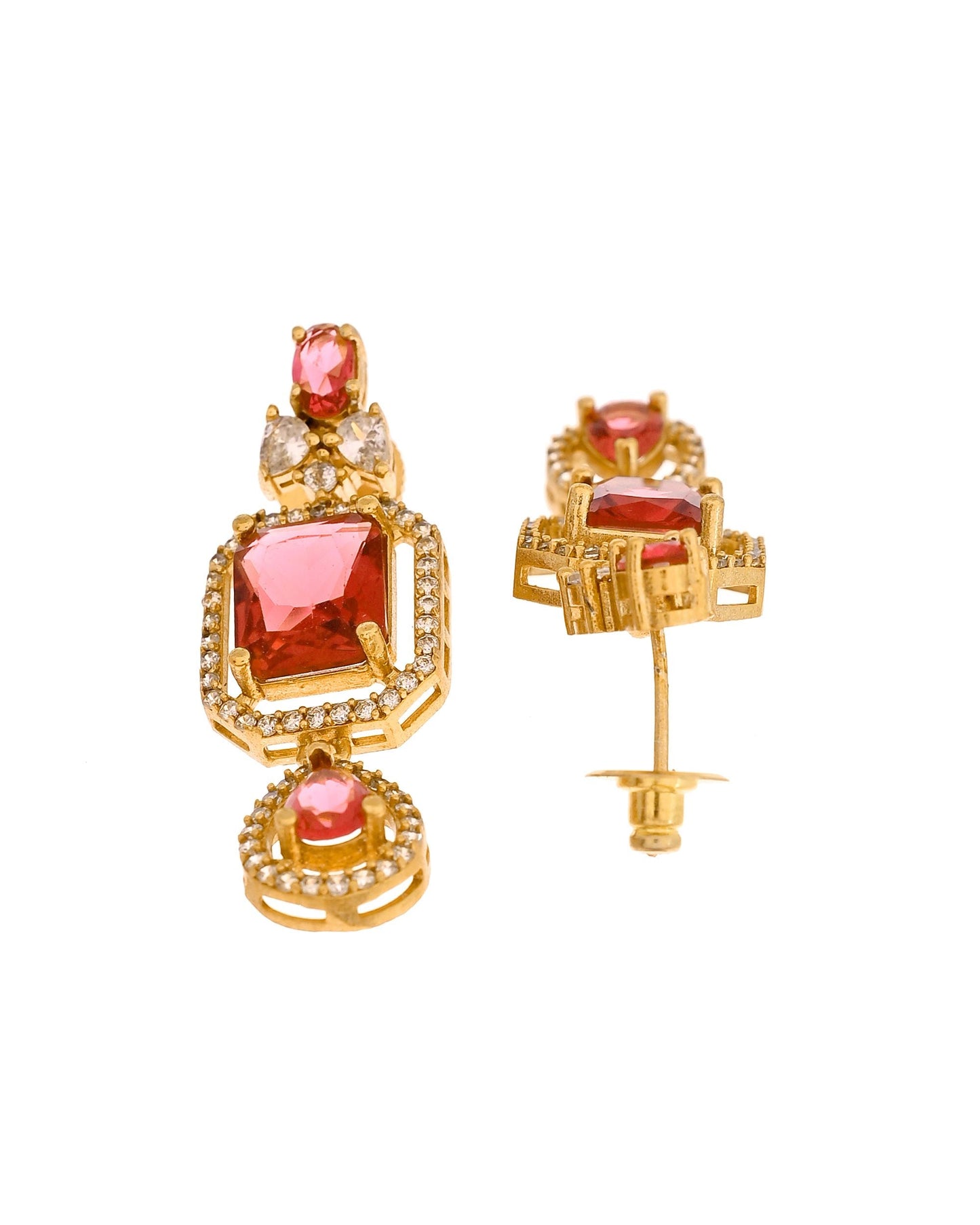 VOJ Gold Plated Dual Layer Ruby Red Stone Studded Jewellery Set