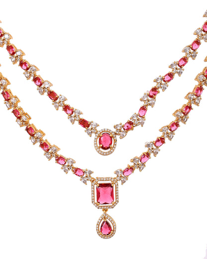 VOJ Gold Plated Dual Layer Ruby Red Stone Studded Jewellery Set