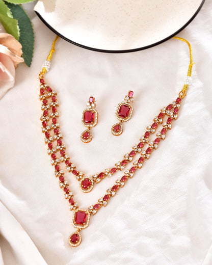 VOJ Gold Plated Dual Layer Ruby Red Stone Studded Jewellery Set