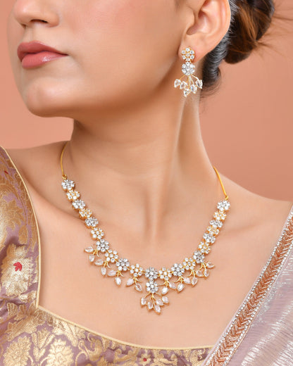 VOJ Gold-Toned Ad Stone Studded Floral Necklace & Earrings Jewellery Set