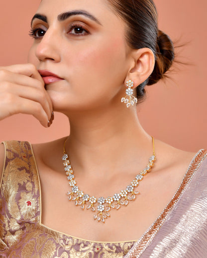 VOJ Gold-Toned Ad Stone Studded Floral Necklace & Earrings Jewellery Set
