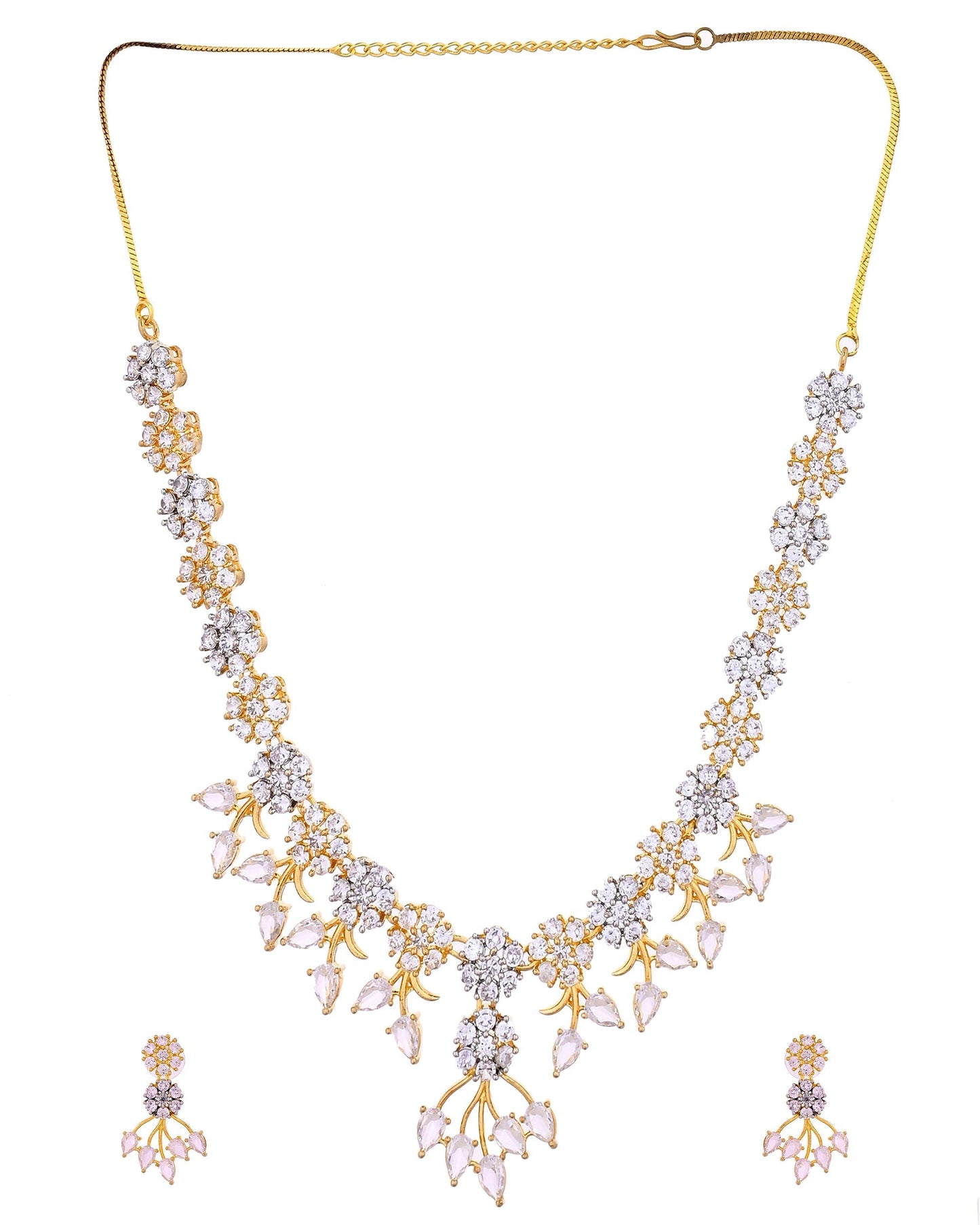 VOJ Gold-Toned Ad Stone Studded Floral Necklace & Earrings Jewellery Set