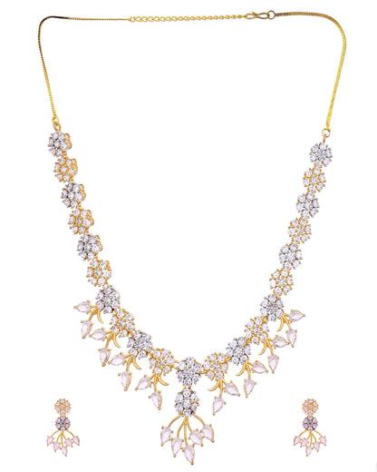 VOJ Gold-Toned Ad Stone Studded Floral Necklace & Earrings Jewellery Set