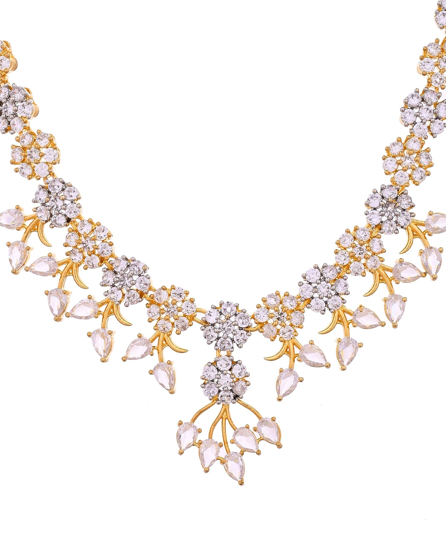 VOJ Gold-Toned Ad Stone Studded Floral Necklace & Earrings Jewellery Set