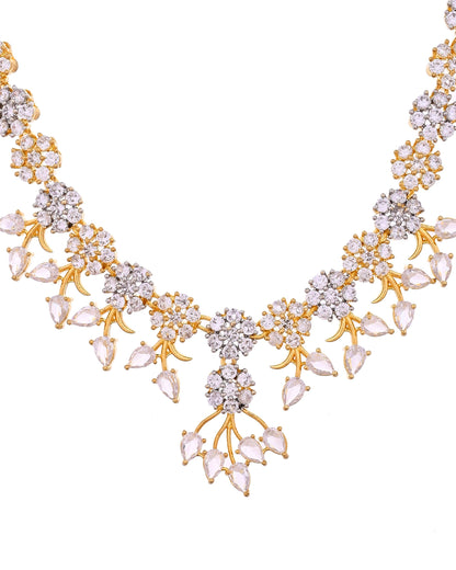 VOJ Gold-Toned Ad Stone Studded Floral Necklace & Earrings Jewellery Set