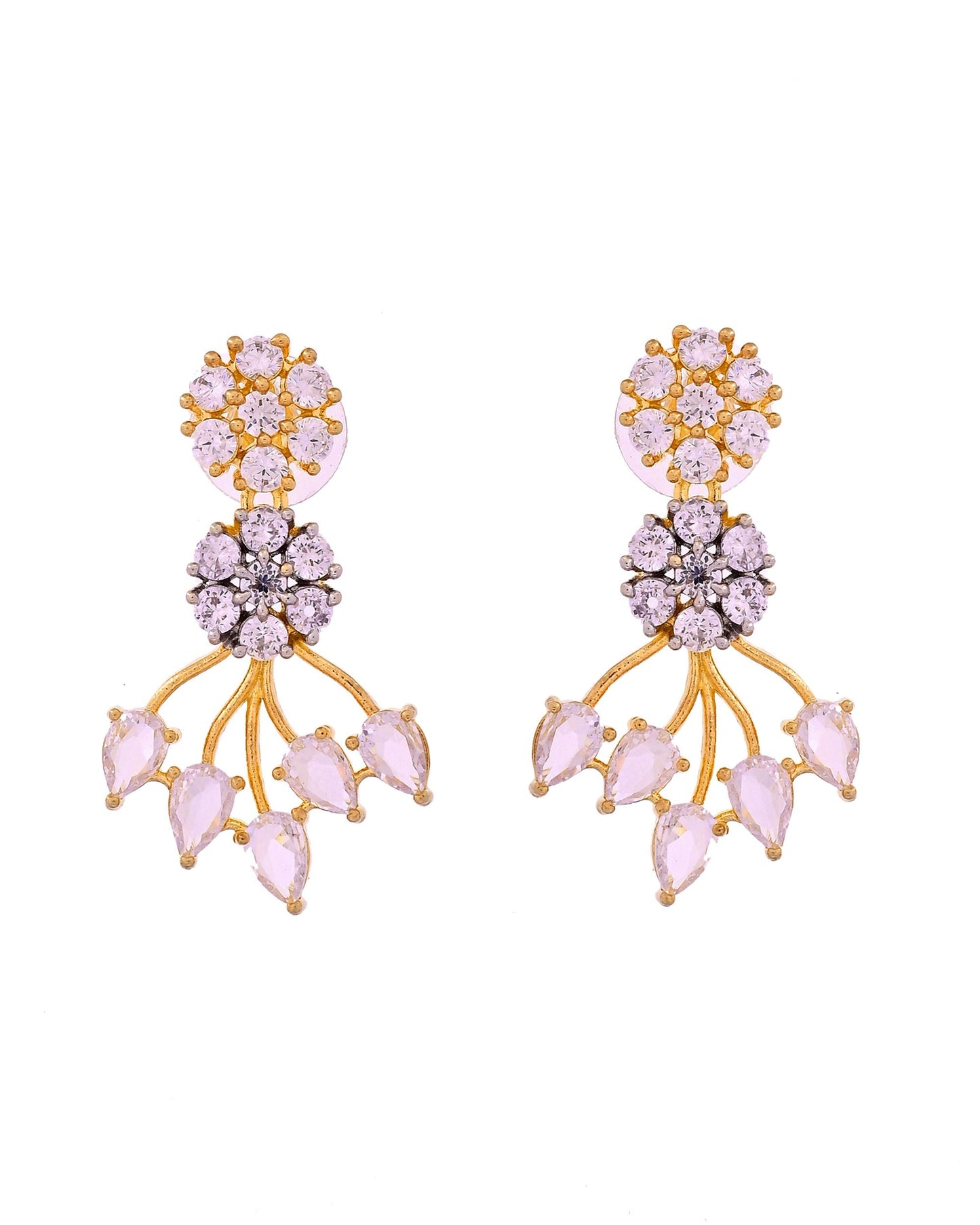 VOJ Gold-Toned Ad Stone Studded Floral Necklace & Earrings Jewellery Set