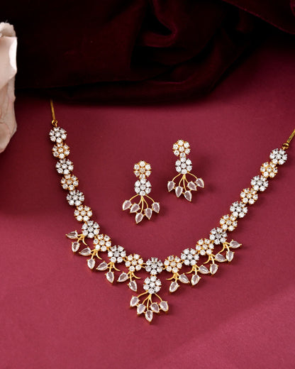 VOJ Gold-Toned Ad Stone Studded Floral Necklace & Earrings Jewellery Set
