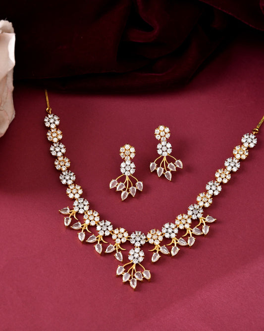 VOJ Gold-Toned Ad Stone Studded Floral Necklace & Earrings Jewellery Set