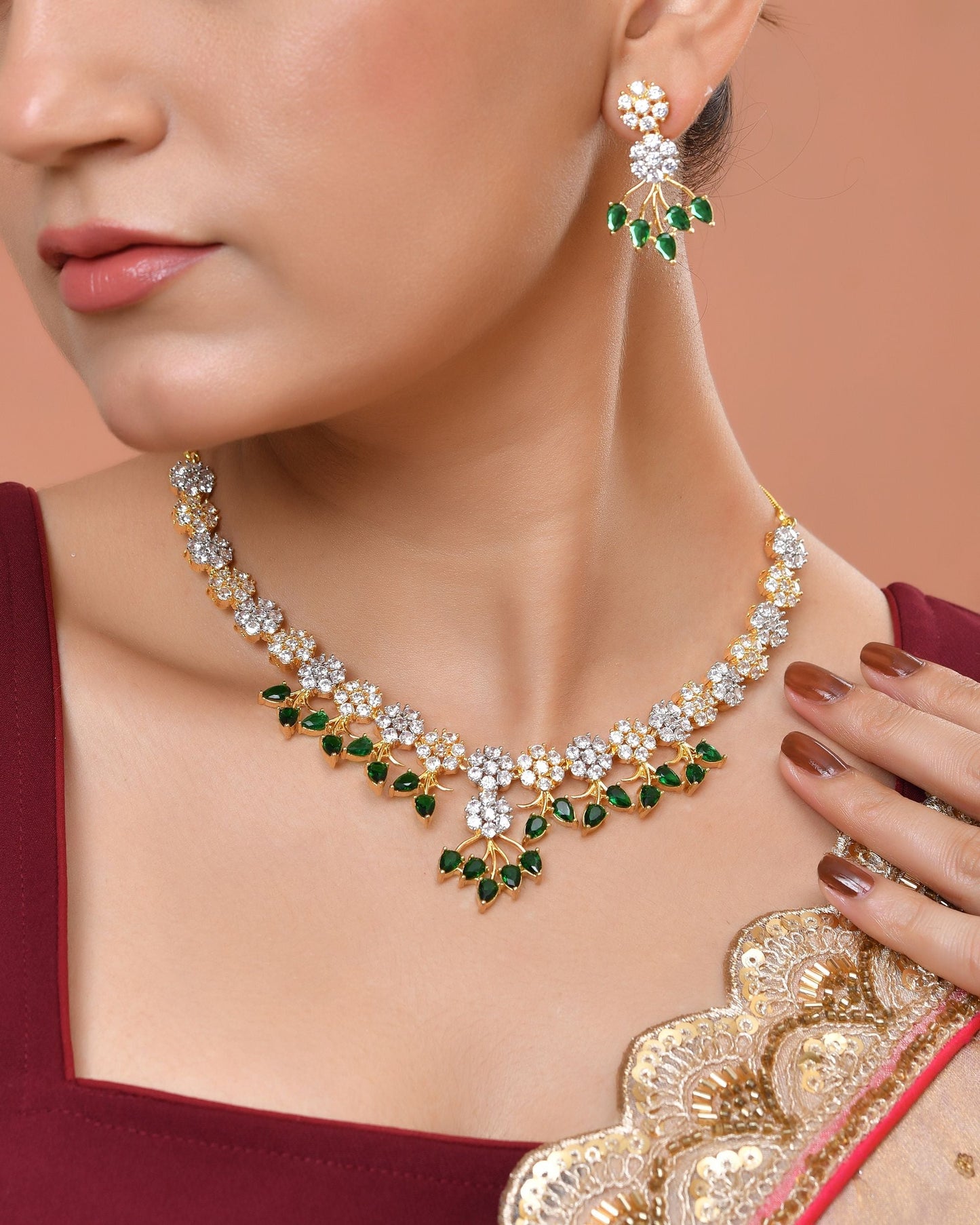 VOJ Gold-Toned Ad Stone Studded Floral Necklace & Earrings Set With Green Stone Drops