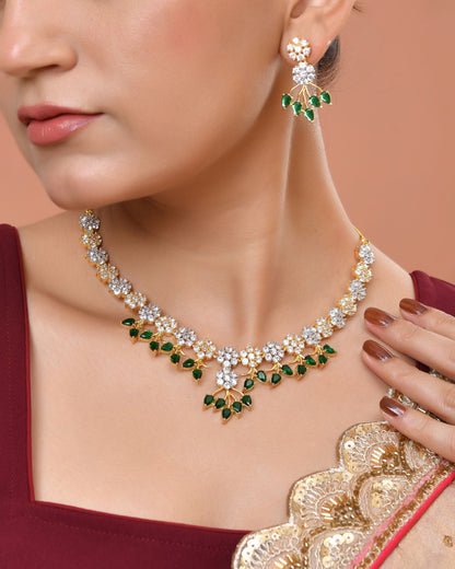 VOJ Gold-Toned Ad Stone Studded Floral Necklace & Earrings Set With Green Stone Drops