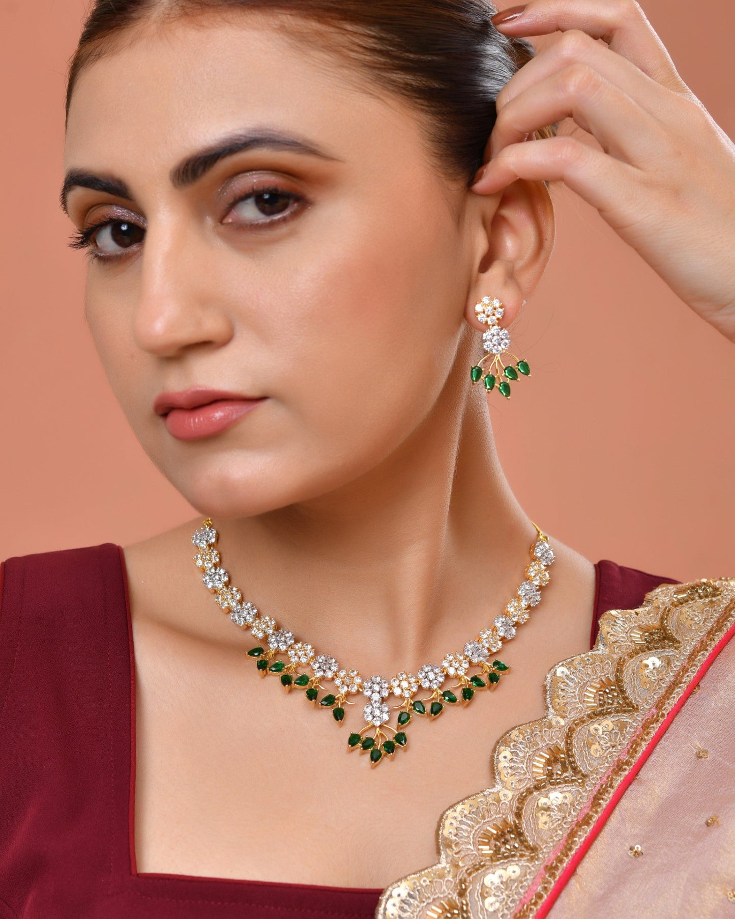 VOJ Gold-Toned Ad Stone Studded Floral Necklace & Earrings Set With Green Stone Drops
