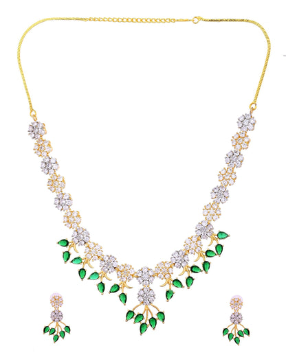 VOJ Gold-Toned Ad Stone Studded Floral Necklace & Earrings Set With Green Stone Drops