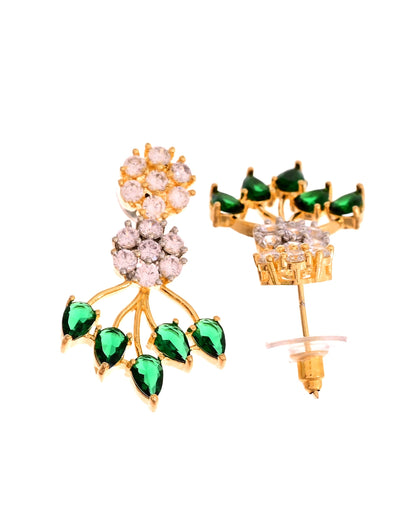 VOJ Gold-Toned Ad Stone Studded Floral Necklace & Earrings Set With Green Stone Drops
