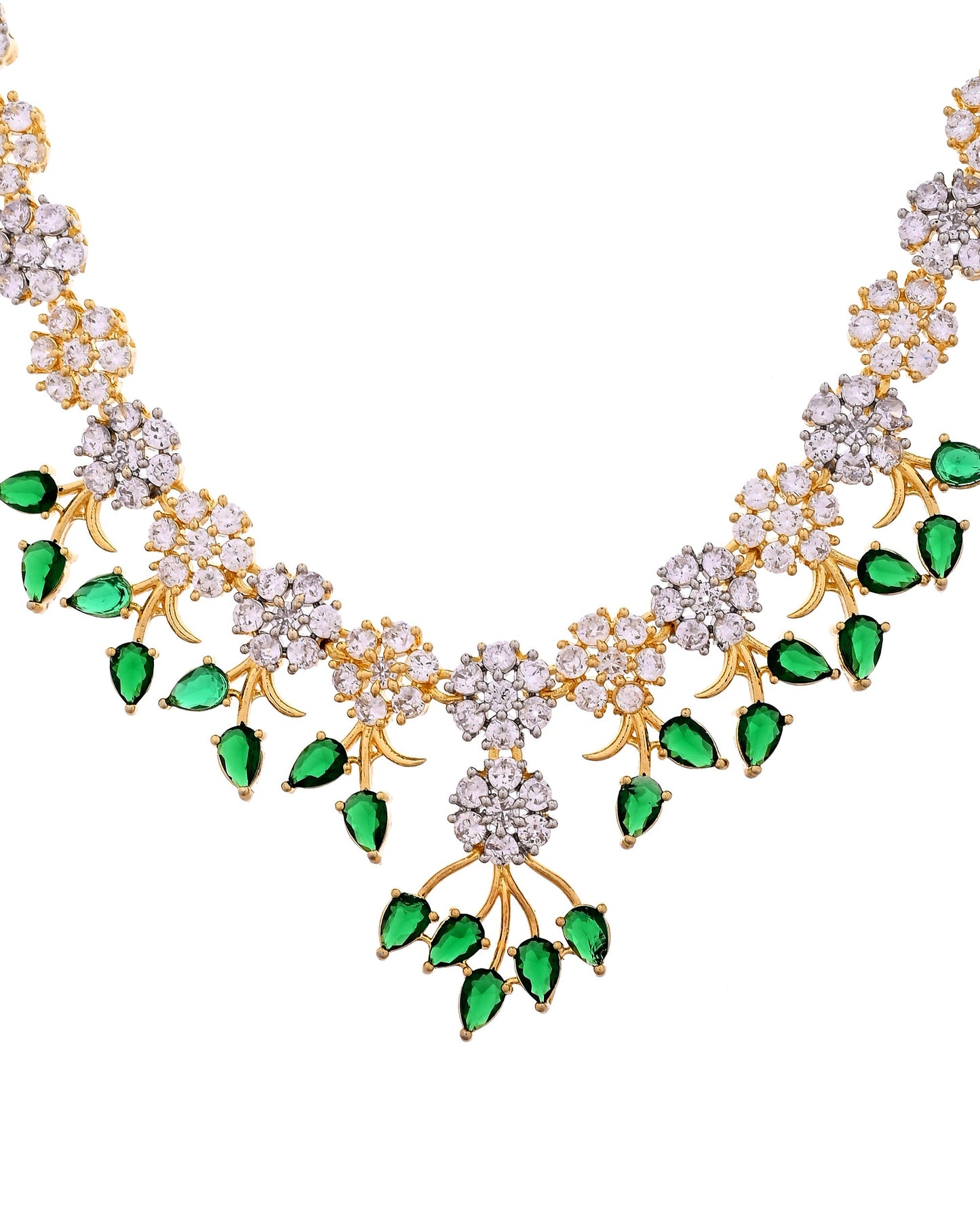 VOJ Gold-Toned Ad Stone Studded Floral Necklace & Earrings Set With Green Stone Drops