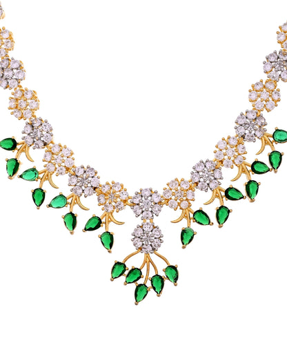 VOJ Gold-Toned Ad Stone Studded Floral Necklace & Earrings Set With Green Stone Drops