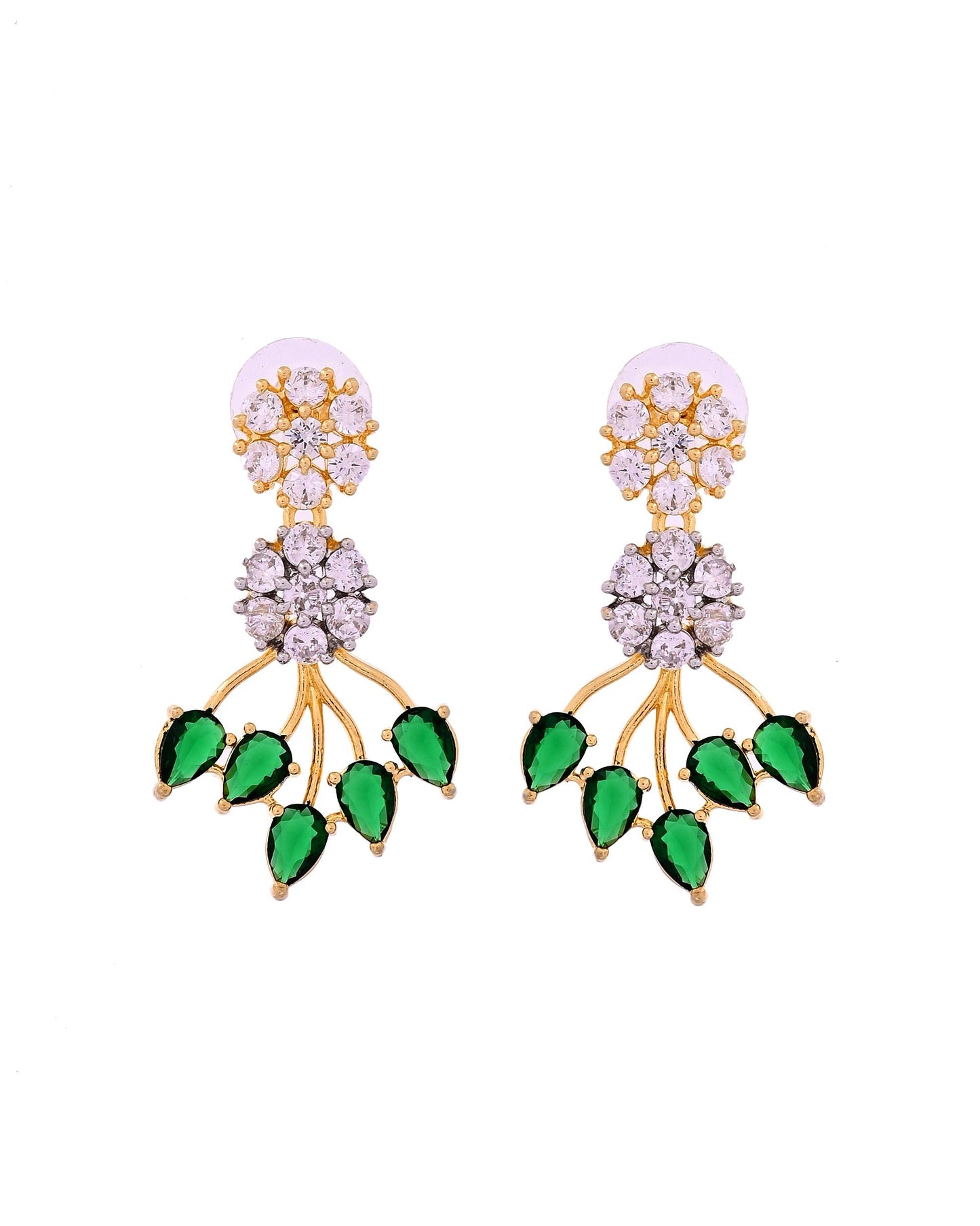 VOJ Gold-Toned Ad Stone Studded Floral Necklace & Earrings Set With Green Stone Drops