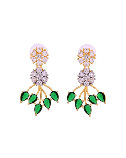 VOJ Gold-Toned Ad Stone Studded Floral Necklace & Earrings Set With Green Stone Drops