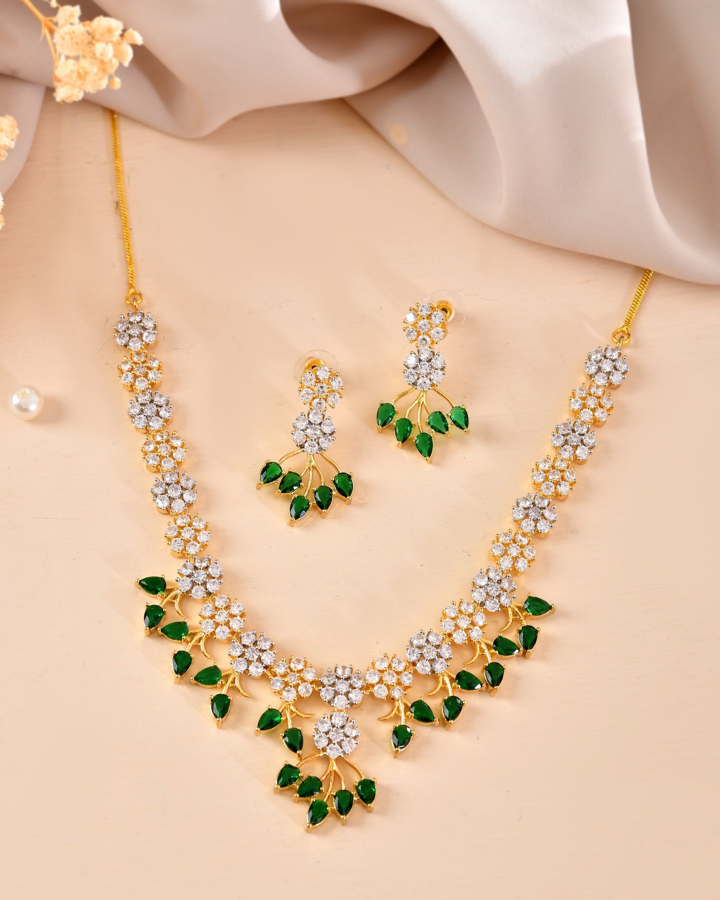 VOJ Gold-Toned Ad Stone Studded Floral Necklace & Earrings Set With Green Stone Drops