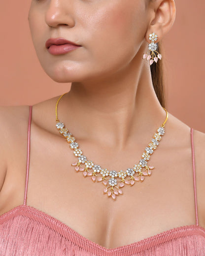 VOJ Gold-Toned Ad Stone Studded Floral Necklace & Earrings Set With Baby Pink Stone Drops