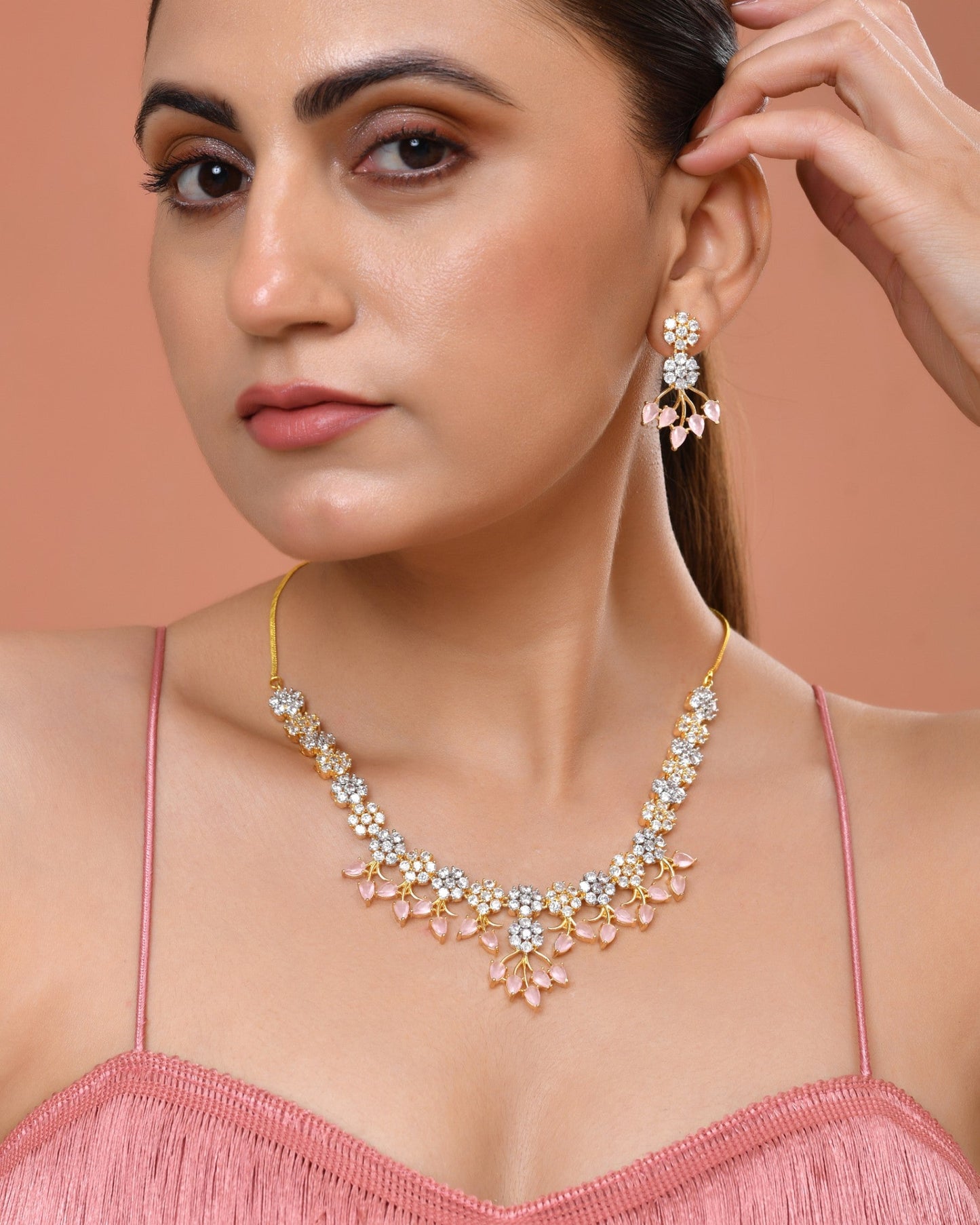VOJ Gold-Toned Ad Stone Studded Floral Necklace & Earrings Set With Baby Pink Stone Drops