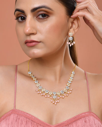 VOJ Gold-Toned Ad Stone Studded Floral Necklace & Earrings Set With Baby Pink Stone Drops